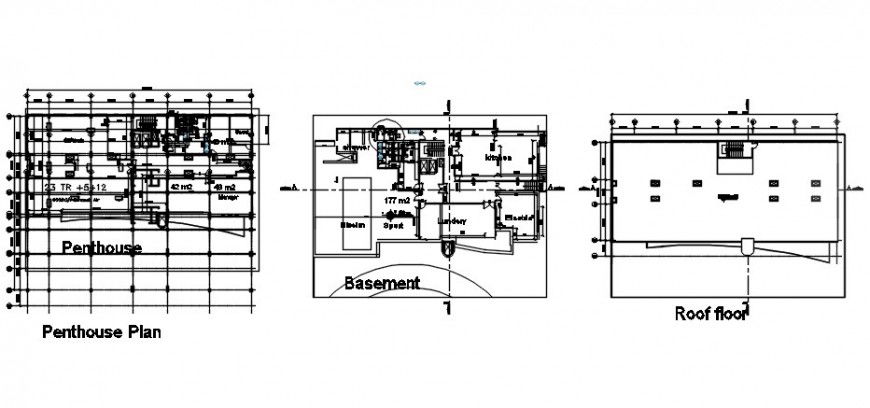 Pent house layout plan, basement and roof plan cad drawing details dwg file