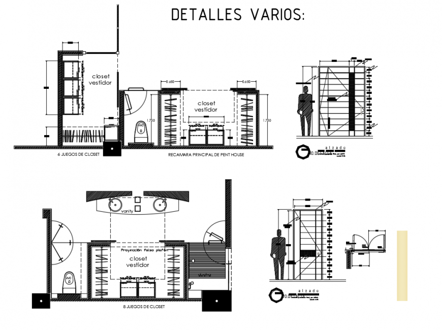 Pent house wood closet sectional details cad drawing dwg file