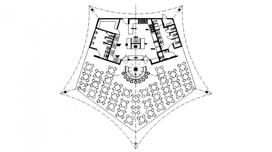Pentagonal shape restaurant building drawing in autocad software