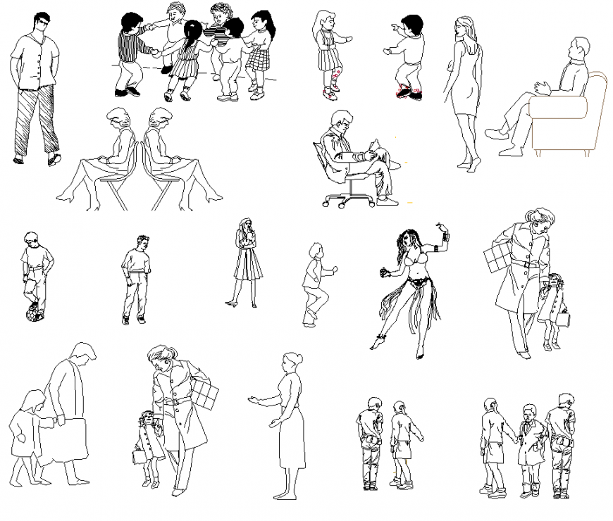 People CAD blocks layout 2d view autocad file