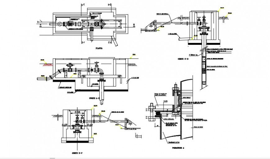 Perforation for water capture and plumbing details for submersible and lining dwg file