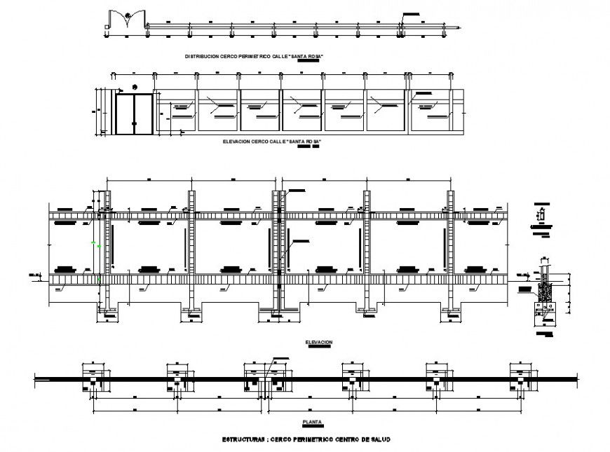 Perimeter fence elevation, section, plan and installation-surrounding house cad drawing details dwg file