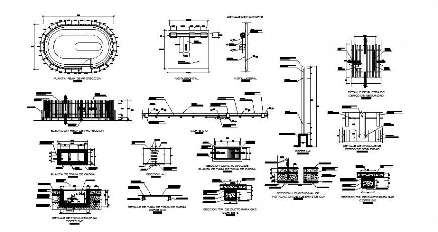 Perimeter fence elevation, section, plan and installation details with gate dwg file
