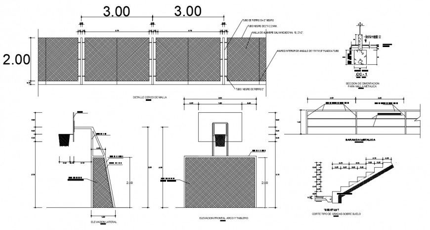 Perimeter fence for garden section, plan and installation details dwg file