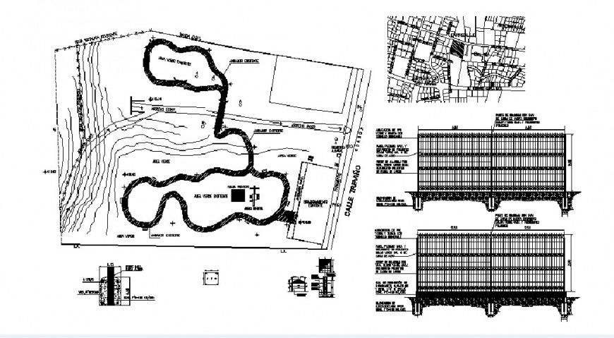 Perimeter fence map, constructive section and structure details dwg file