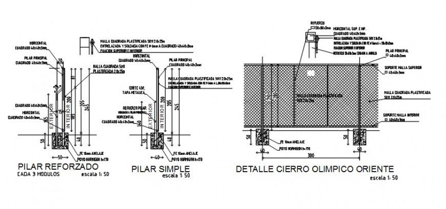 Perimeter fence section, footings and construction details dwg file