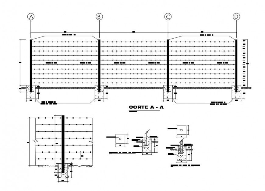Perimeter fence section, plan and structure details dwg file