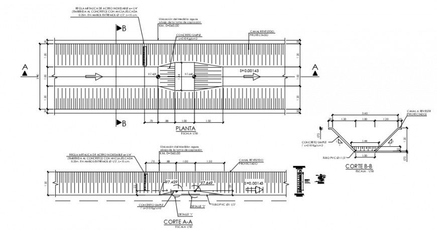 Perimeter fence section, top view plan and installation drawing details dwg file
