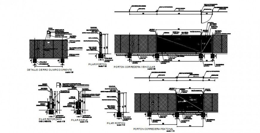Perimeter fence sections, installation and construction details dwg file