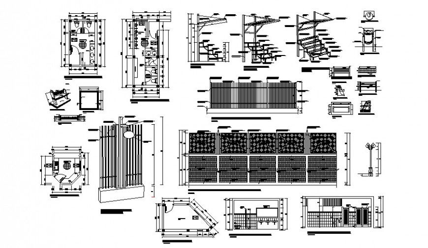 Perimeter fence structure, outdoor staircase and sanitary installation details of sports center dwg file