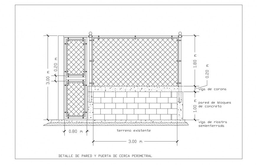 Perimeter fence with brick wall cad structure details dwg file