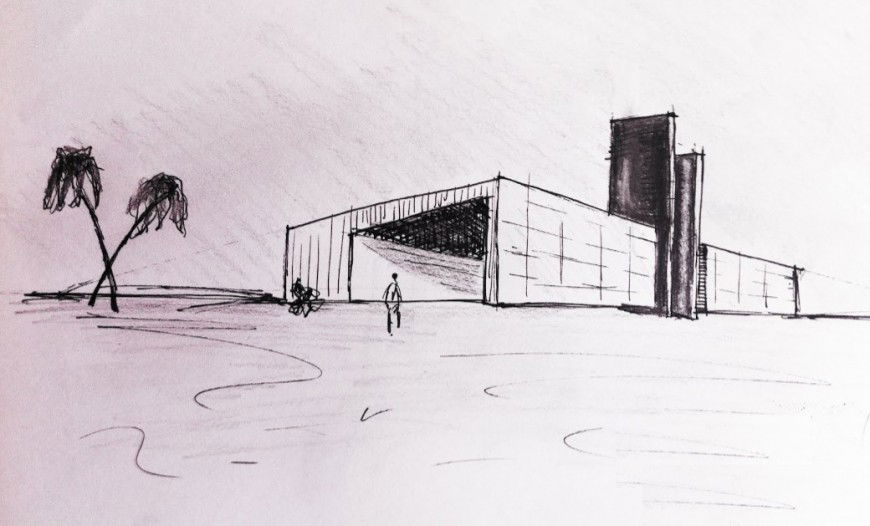 Persepective sketch of a factory design model elevation file