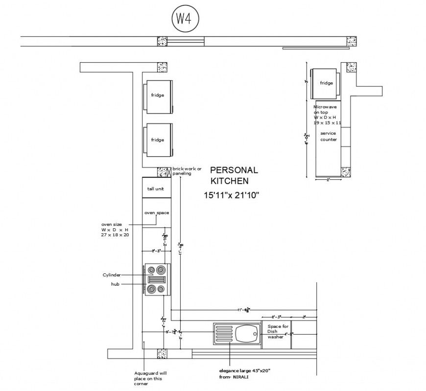 Personal kitchen layout plan with furniture cad drawing details dwg file