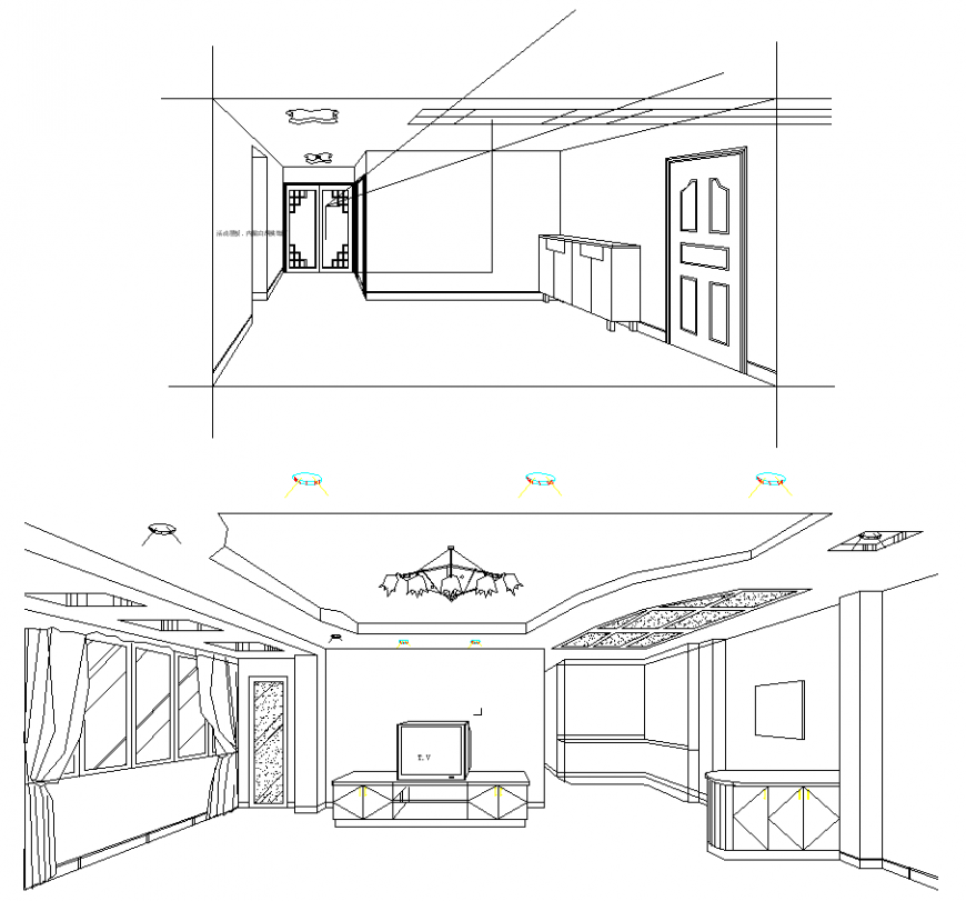 Perspective detail with the interior design of drawing room dwg file