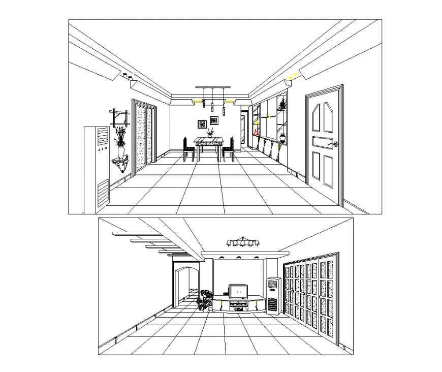 Perspective detail of the interior design of drawing room dwg file