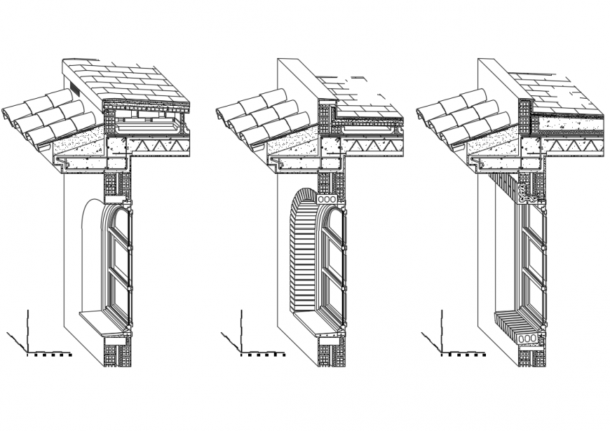 Perspective front sectional view details of house building dwg file