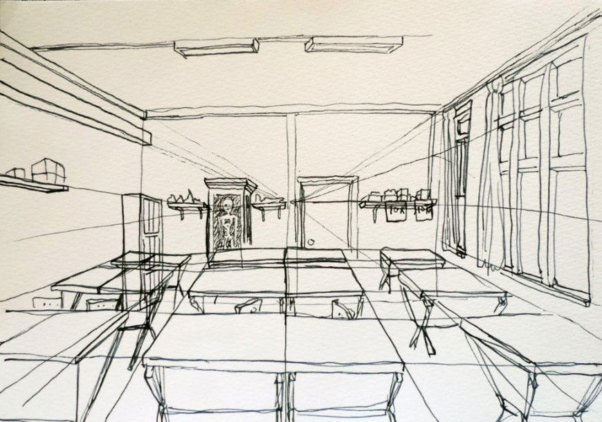 Perspective sketch of a classroom detail dwg file