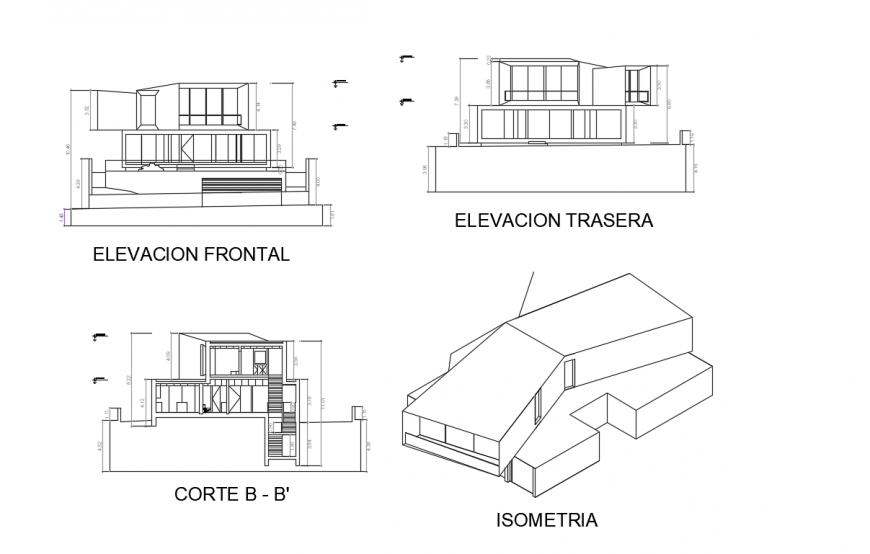 Perspective view detail of a bungalow dwg file
