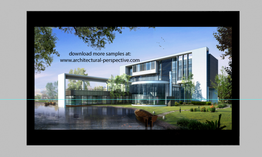 Perspective view of water side five star hotel elevation Photoshop file