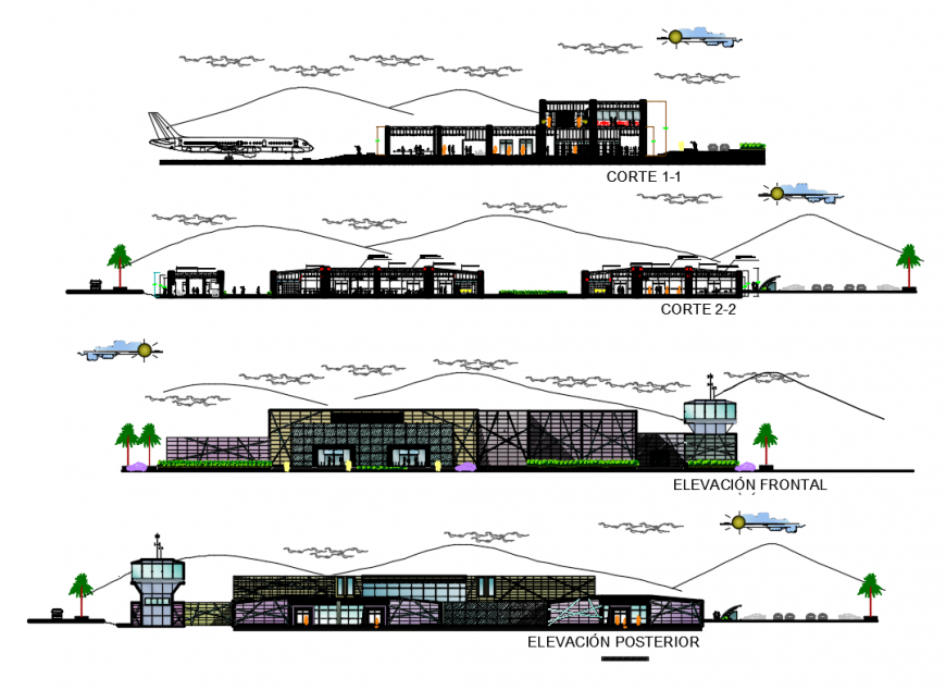Peru Airport front and back elevations and sections cad drawing details dwg file
