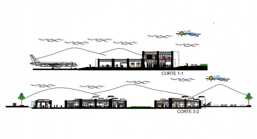 Peru airport front and back section drawing details dwg file