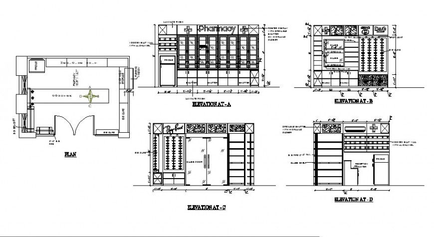 Pharmacy store CAD drawing with elevation, section, and floor plan