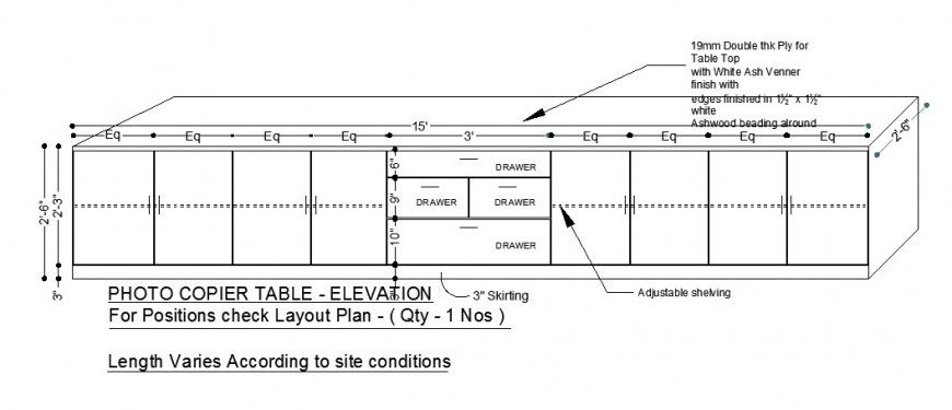 Photo copier long table elevation cad drawing details dwg file