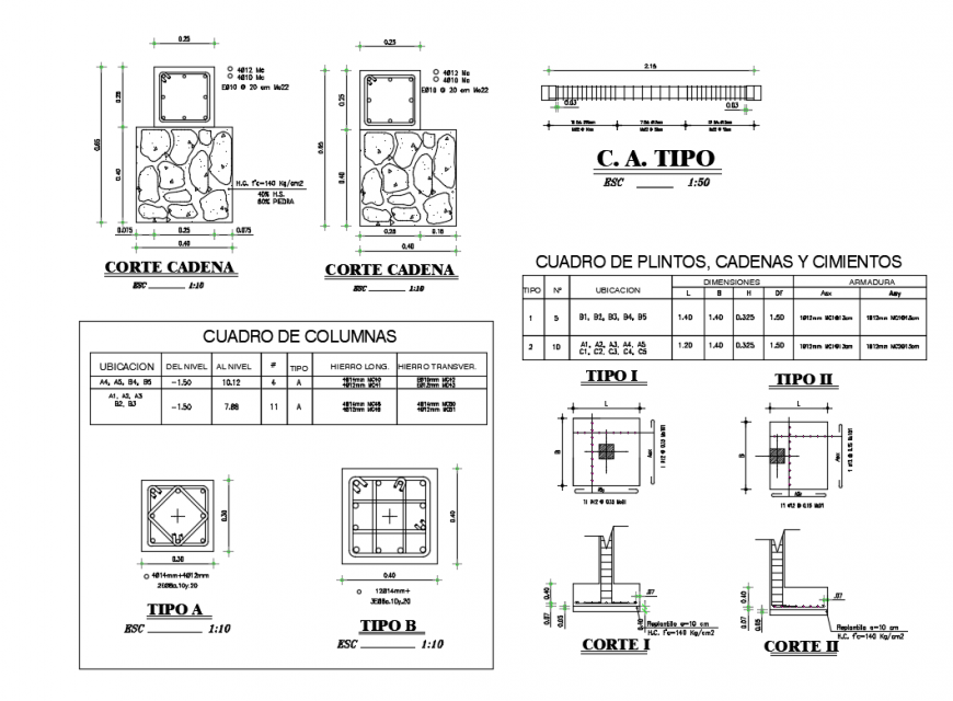 Picture of plinths, chains and foundation constructive structure details dwg file