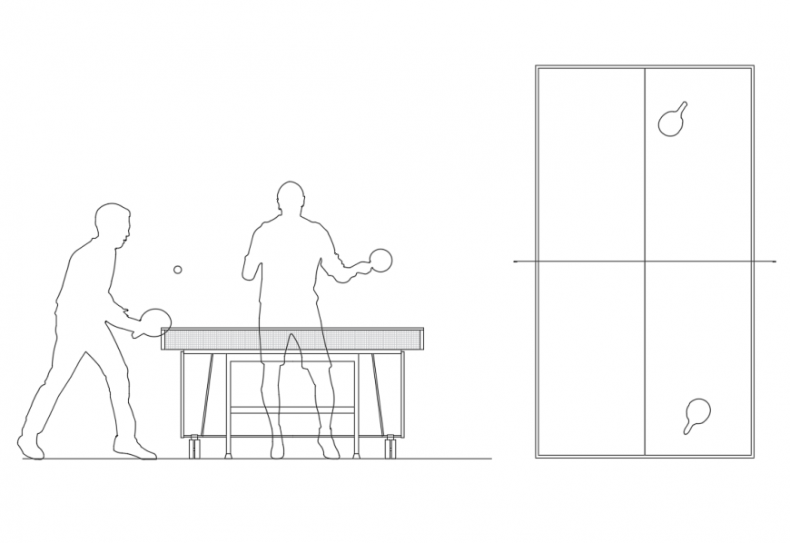 Ping pong table top view and side view elevation with players dwg file