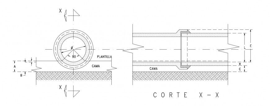 Pipe installation 2d view CAD drawings plan and section dwg file