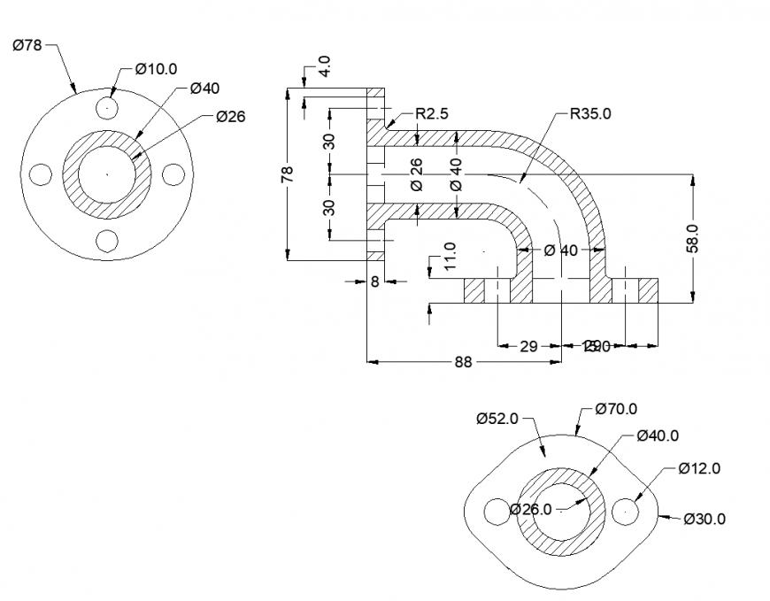 Pipe joint elbow design with side view,sectional elevation and bottom view dwg file
