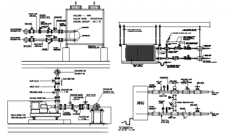 Pipe line system plan and elevation in auo cad software