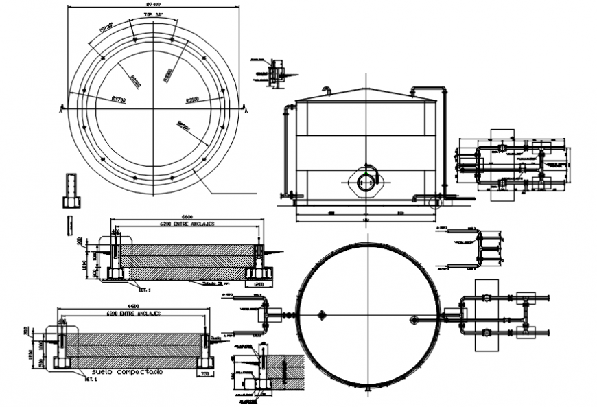 Pipe line view with tank plan and elevation in auto cad file