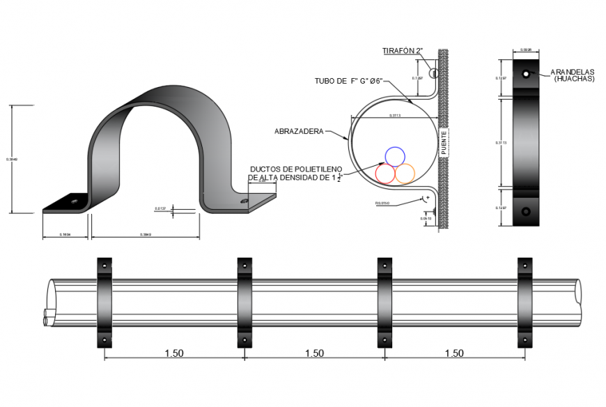 Piping system and bracket detail 2d view CAD plumbing block layout file in dwg format