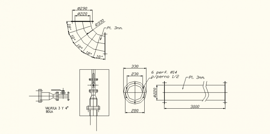 Piping system detail elevation and plan layout file