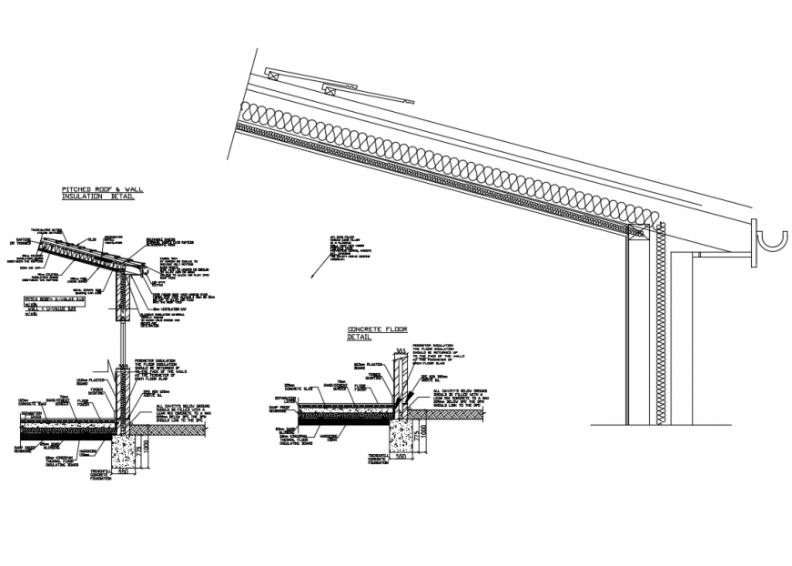 Pitched roof construction & wall insulation detail dwg file