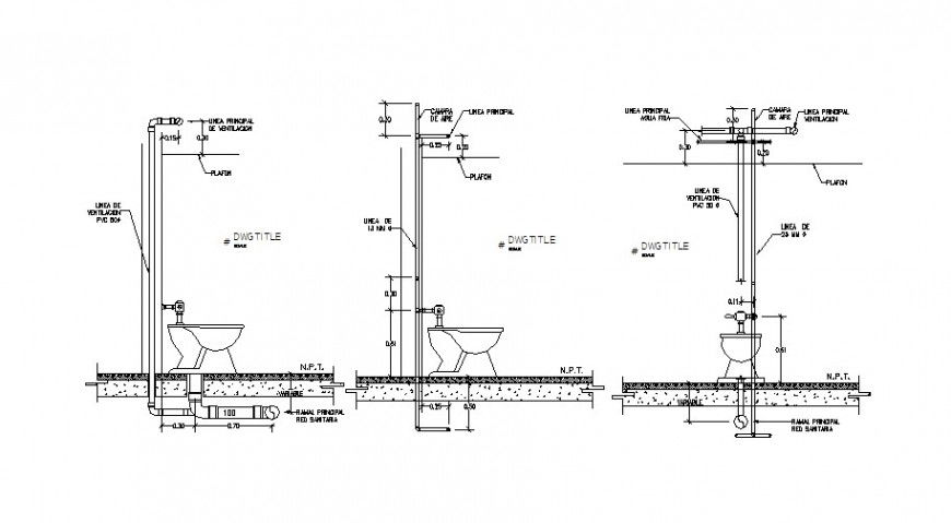 Placement toilet with manual fluxo meter plumbing structure drawing details dwg file