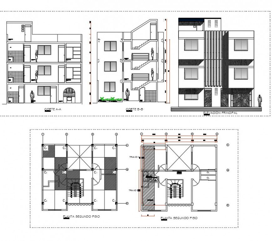 Plan, Elevation and section apartment flat plan dwg file
