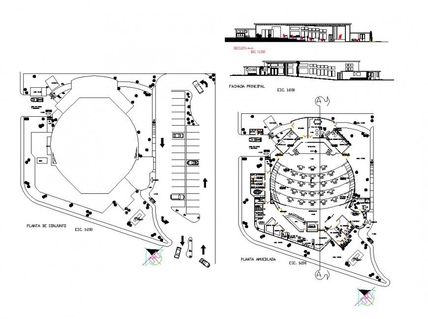 Plan, elevation and section auditorium detail dwg file