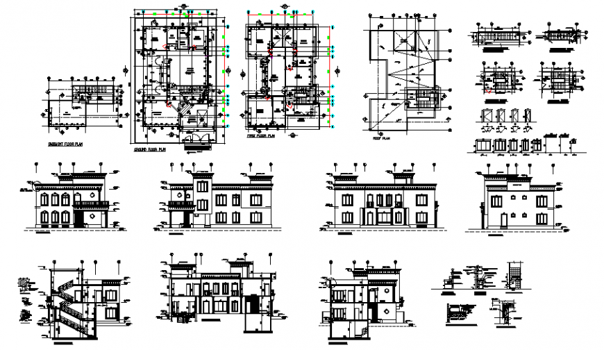 Plan, elevation and section bungalow detail dwg file