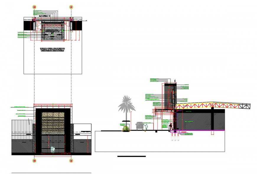 Plan, elevation and section club house plan detail dwg file