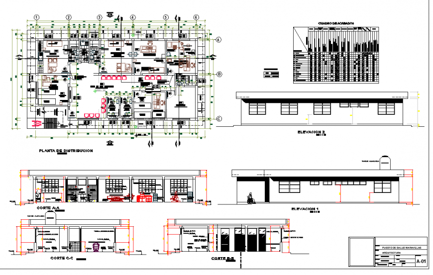 Plan, elevation and section commercial building plan layout file