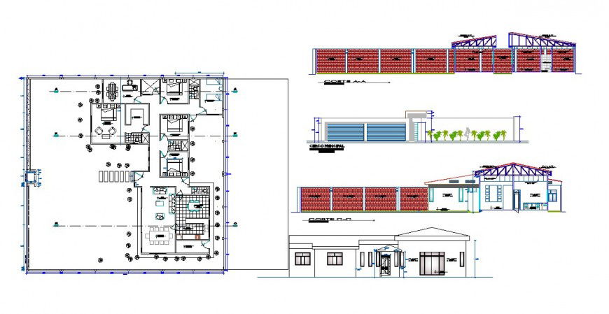 Plan, elevation and section detail bungalow autocad file