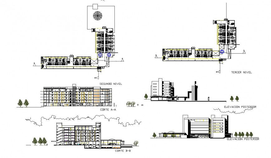 Plan, elevation and section detail commercial building dwg file