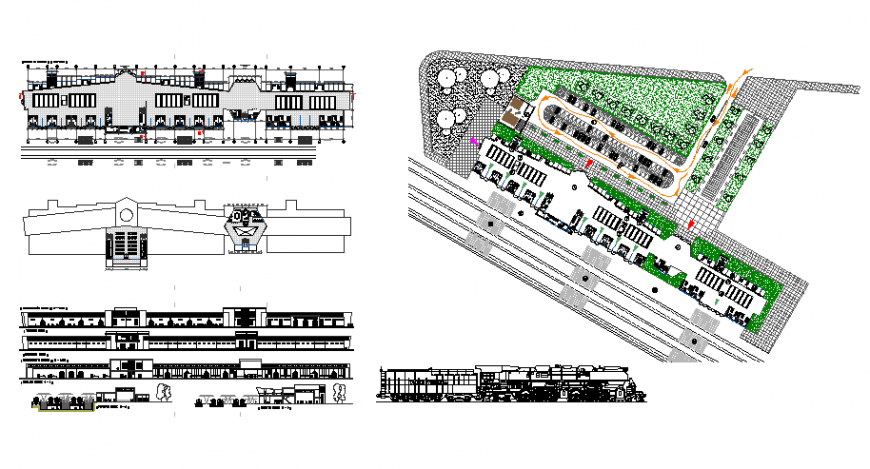 Plan, elevation and section detail commercial building layout file