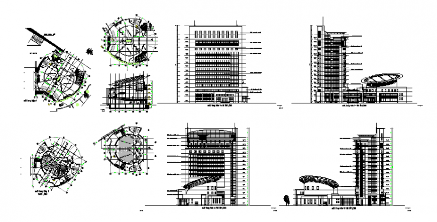 Plan, elevation and section detail high rise building layout file
