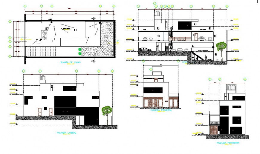Plan, elevation and section detail living place autocad file