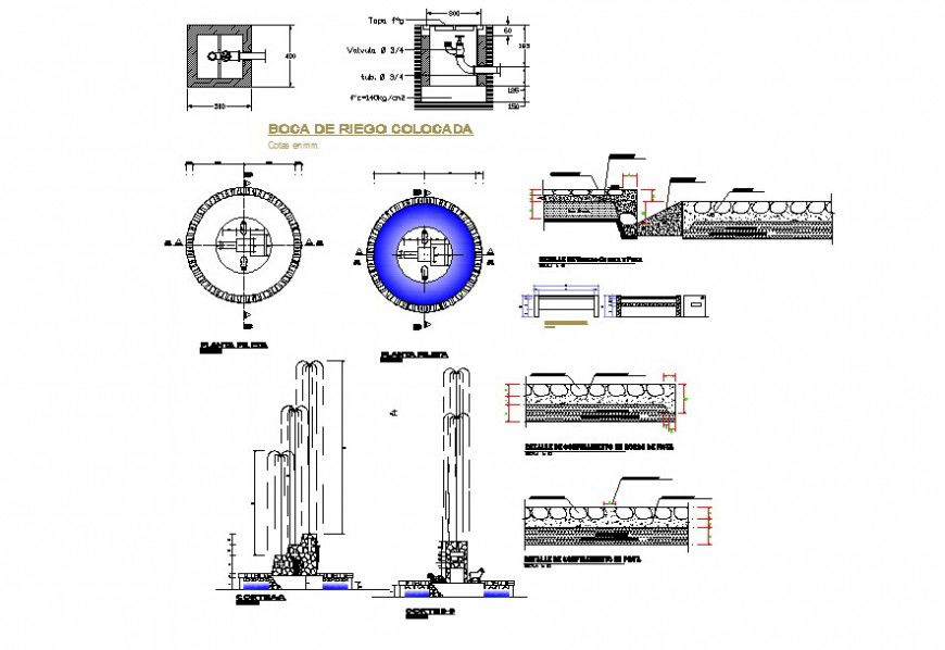Plan, elevation and section detail of fountain design 2d view CAD block layout file in dwg format