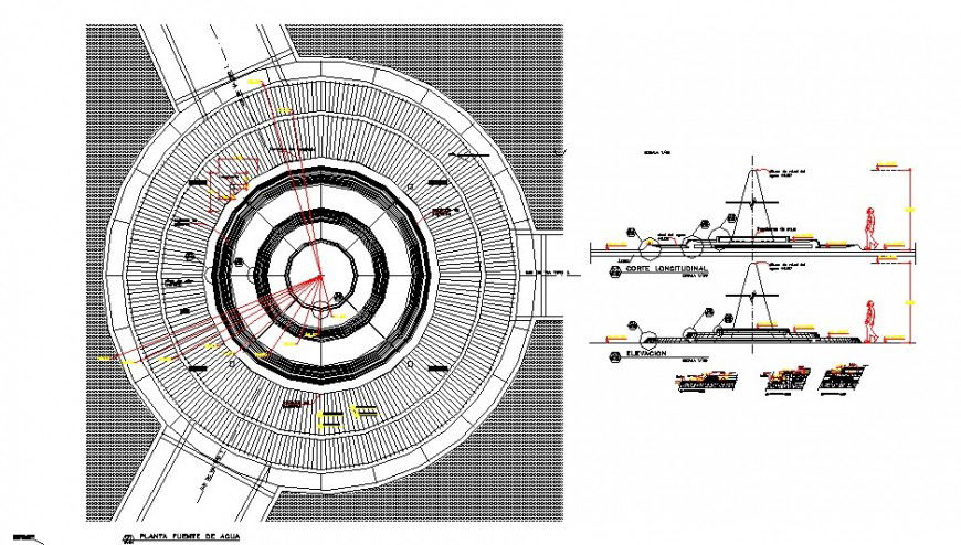 Plan, elevation and section detail of fountain design detail 2d view layout dwg file