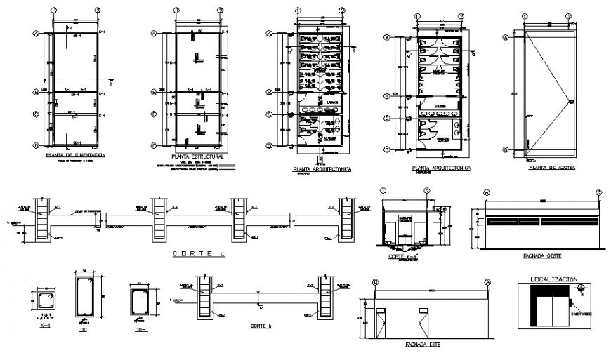 Plan, elevation and section detail public washroom layout file